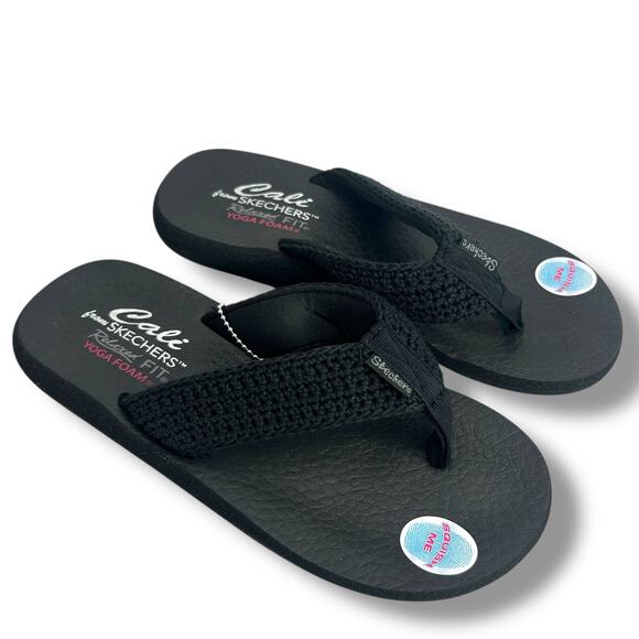 NEW Skechers Black Flip Flops size 7 Woven Strap Thong Cali Relaxed Fit Foam NWT - Picture 1 of 8
